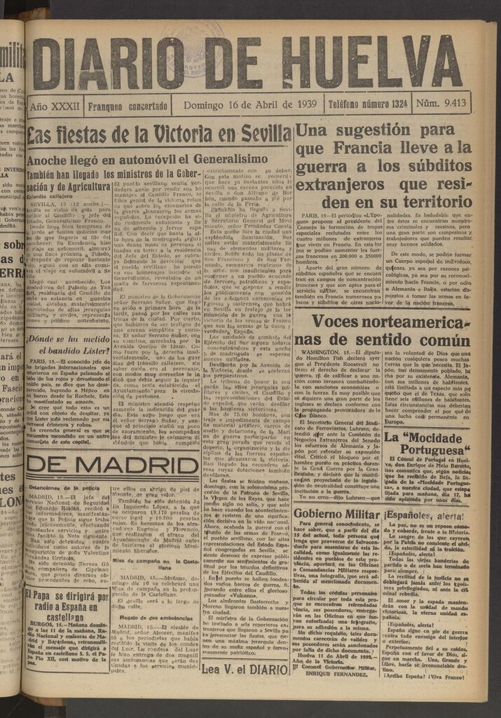 Miniatura de Diario de Huelva : periódico independiente del 16 de abril de 1939