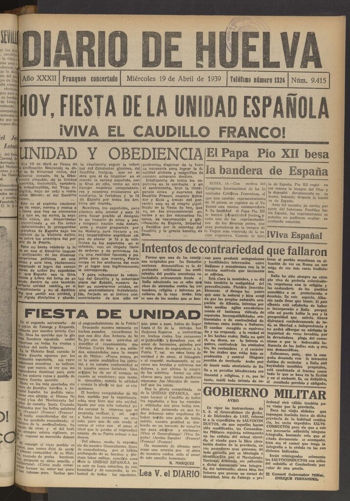 Miniatura de Diario de Huelva : periódico independiente del 19 de abril de 1939