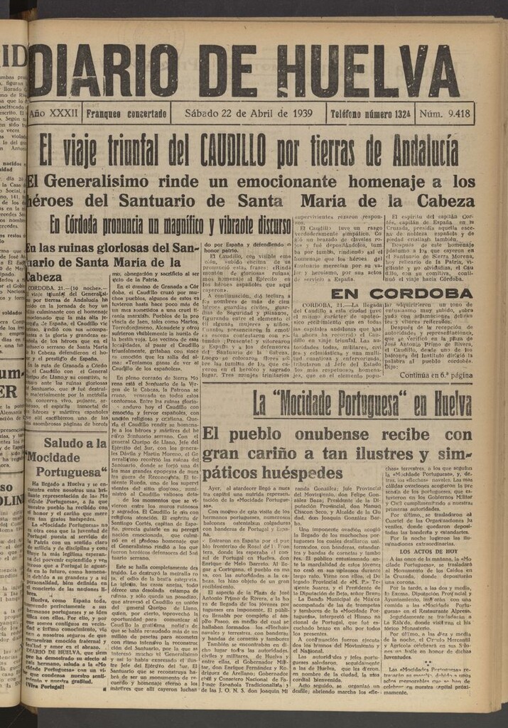 Miniatura de Diario de Huelva : periódico independiente del 22 de abril de 1939