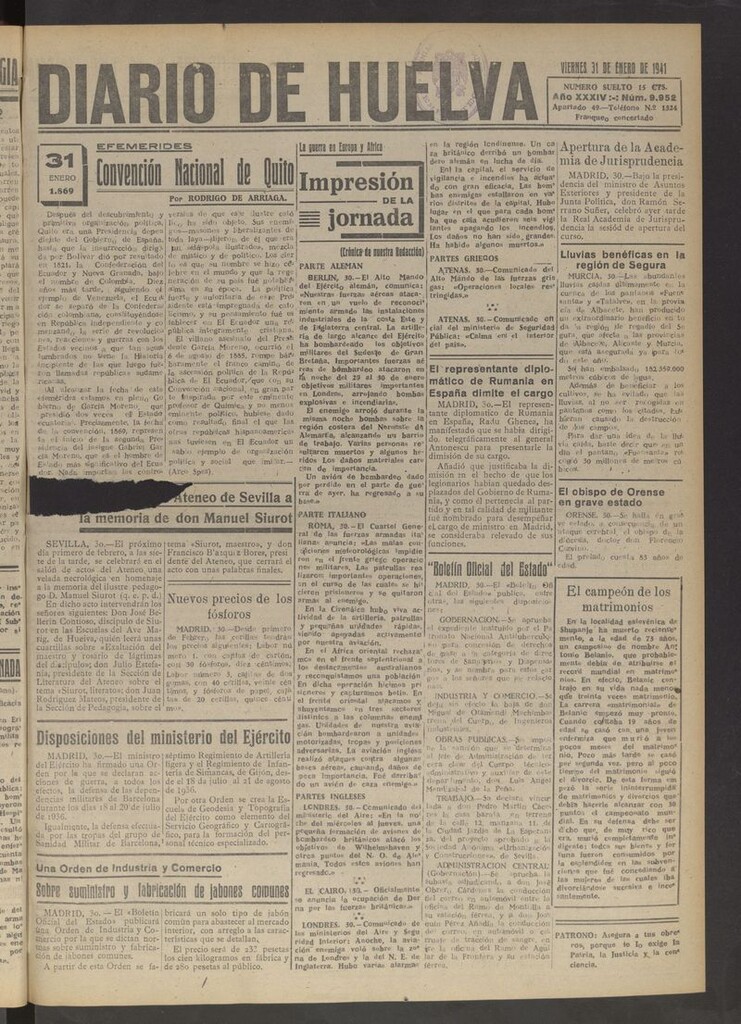 Miniatura de Diario de Huelva : periódico independiente del 31 de enero de 1941