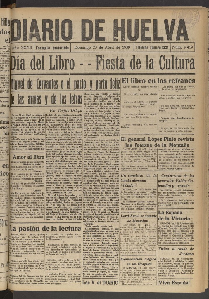 Miniatura de Diario de Huelva : periódico independiente del 23 de abril de 1939