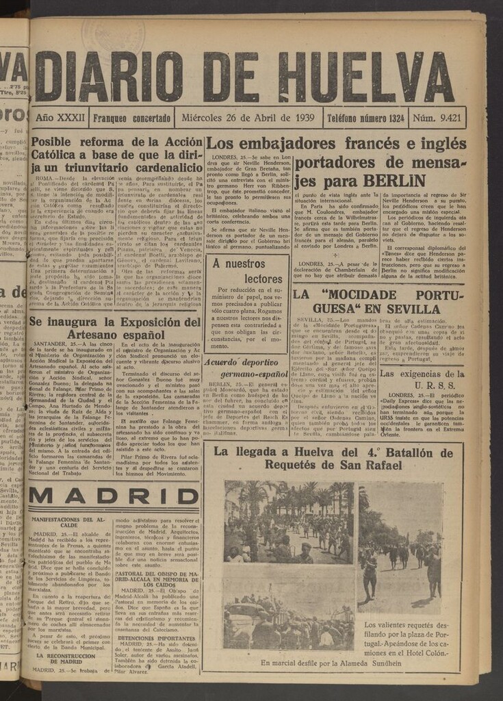 Miniatura de Diario de Huelva : periódico independiente del 26 de abril de 1939