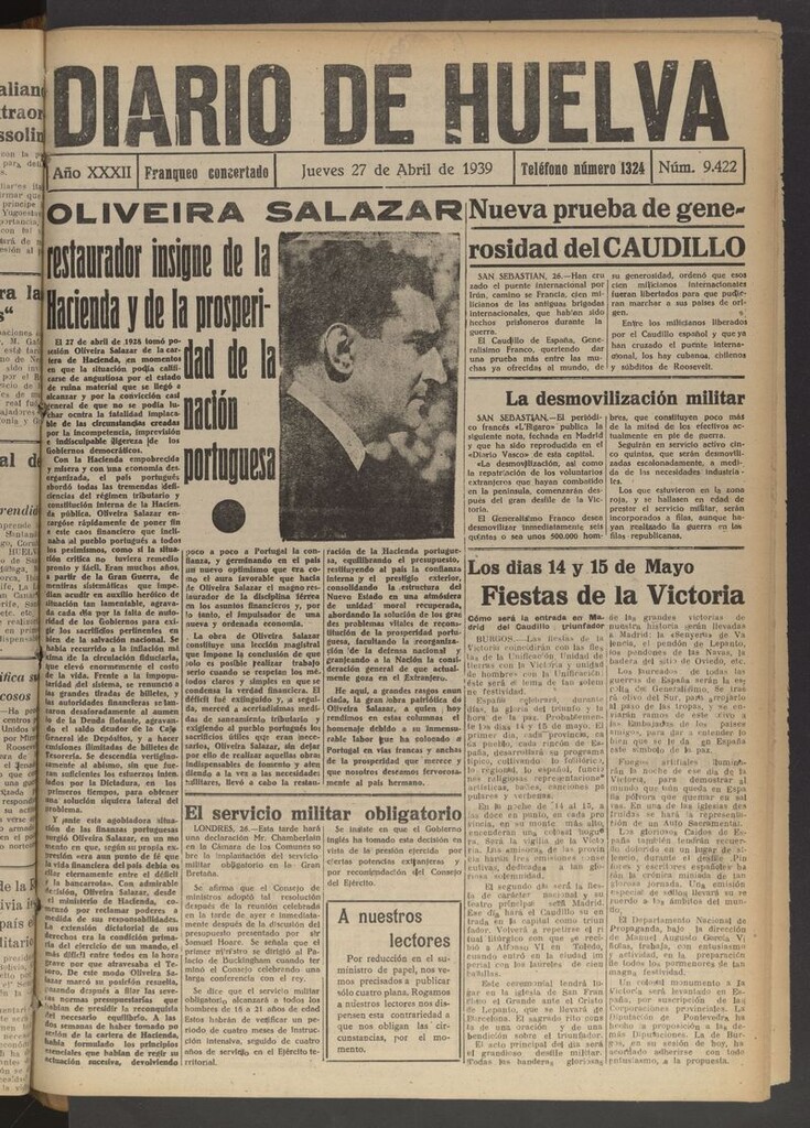 Miniatura de Diario de Huelva : periódico independiente del 27 de abril de 1939