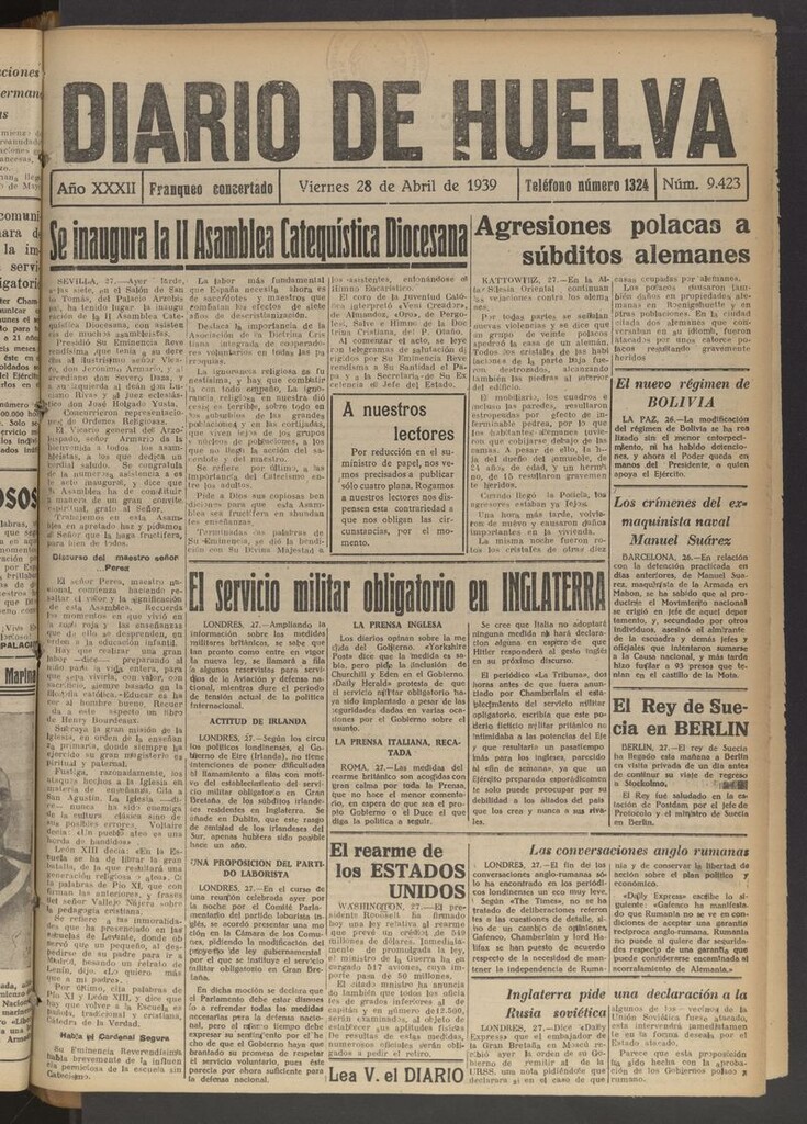 Miniatura de Diario de Huelva : periódico independiente del 28 de abril de 1939