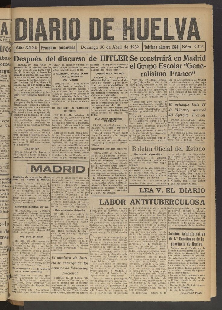 Miniatura de Diario de Huelva : periódico independiente del 30 de abril de 1939