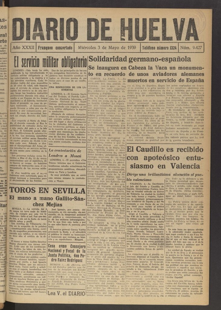 Miniatura de Diario de Huelva : periódico independiente del 3 de mayo de 1939