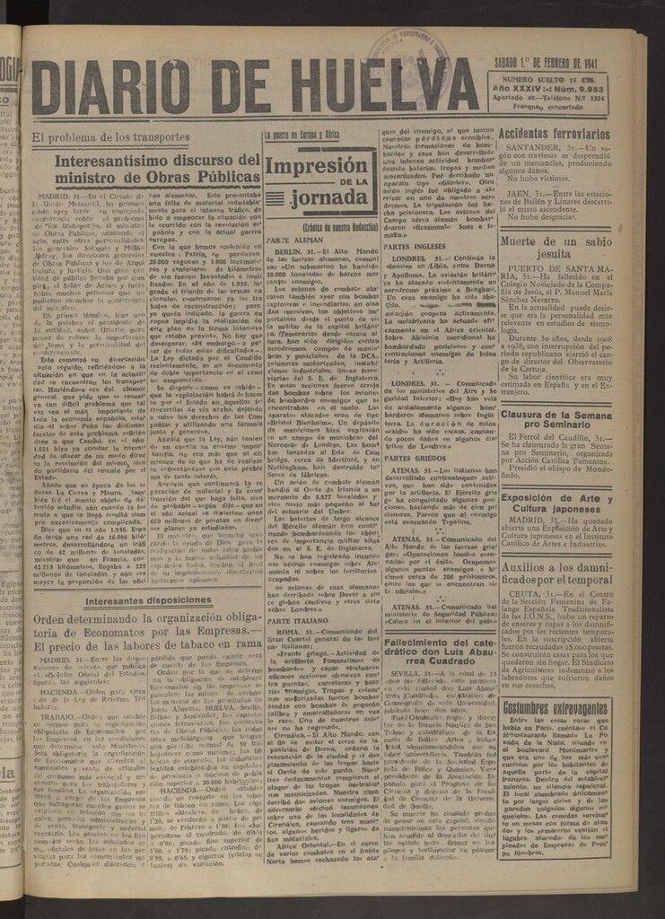 Miniatura de Diario de Huelva : periódico independiente del 1 de febrero de 1941