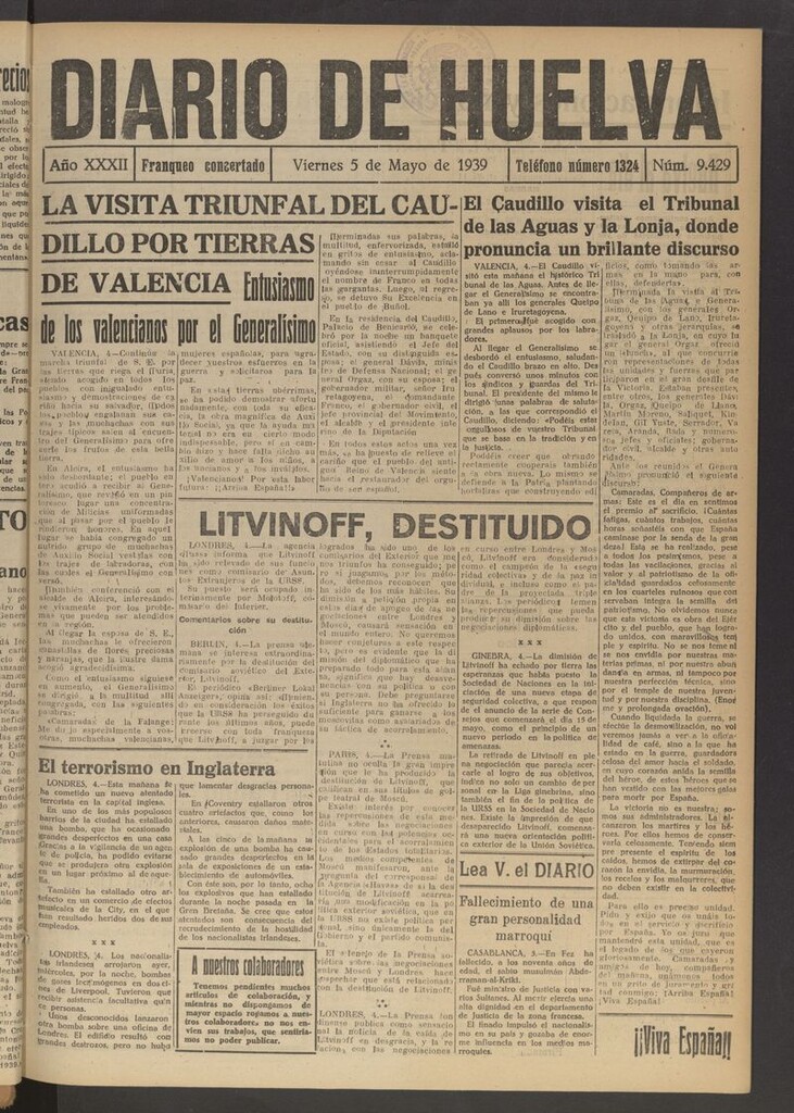 Miniatura de Diario de Huelva : periódico independiente del 5 de mayo de 1939