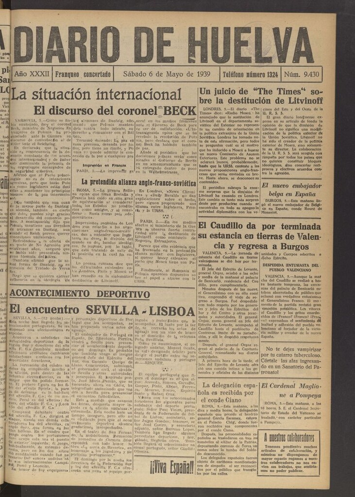 Miniatura de Diario de Huelva : periódico independiente del 6 de mayo de 1939