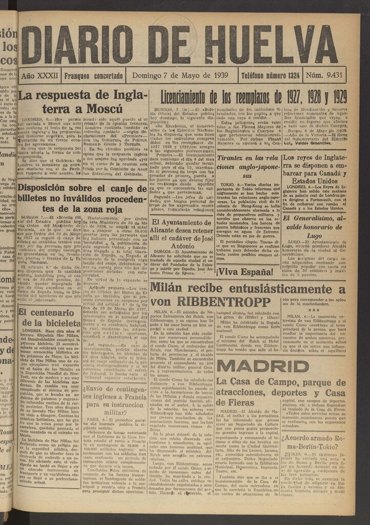 Miniatura de Diario de Huelva : periódico independiente del 7 de mayo de 1939