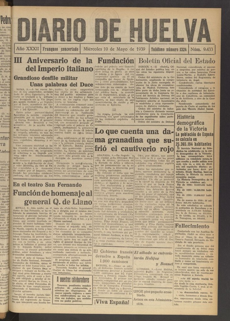 Miniatura de Diario de Huelva : periódico independiente del 10 de mayo de 1939
