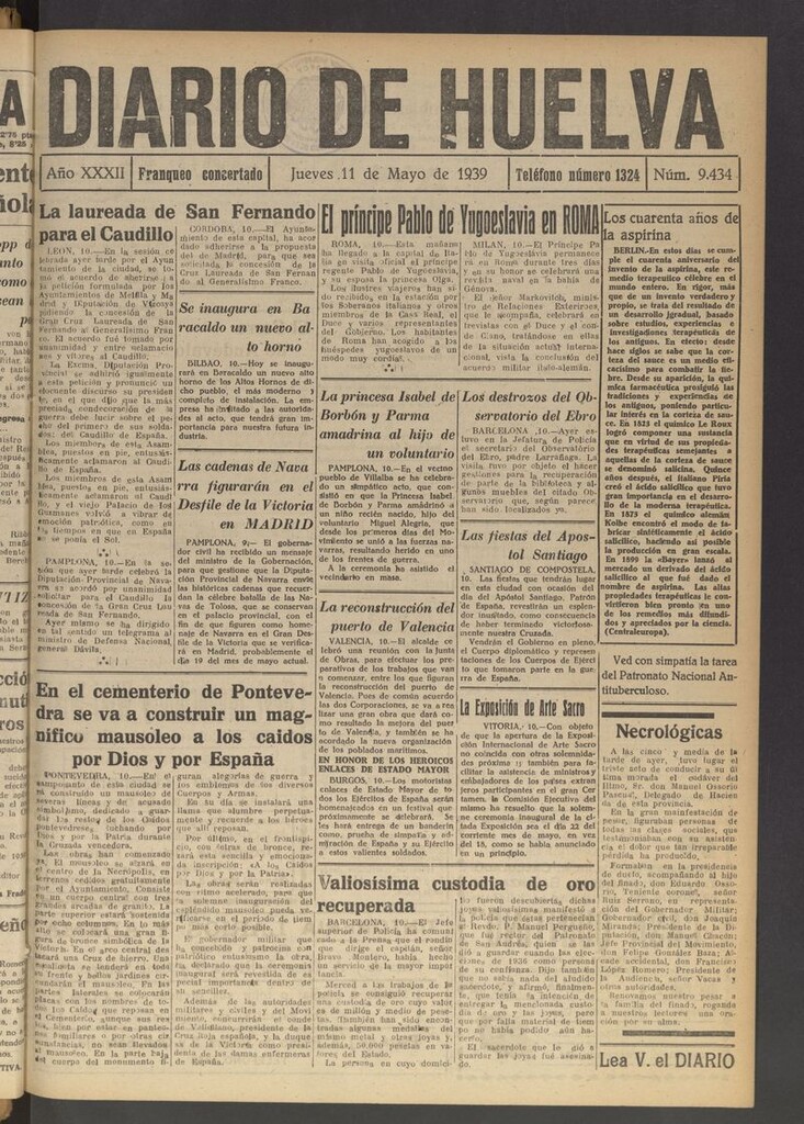 Miniatura de Diario de Huelva : periódico independiente del 11 de mayo de 1939