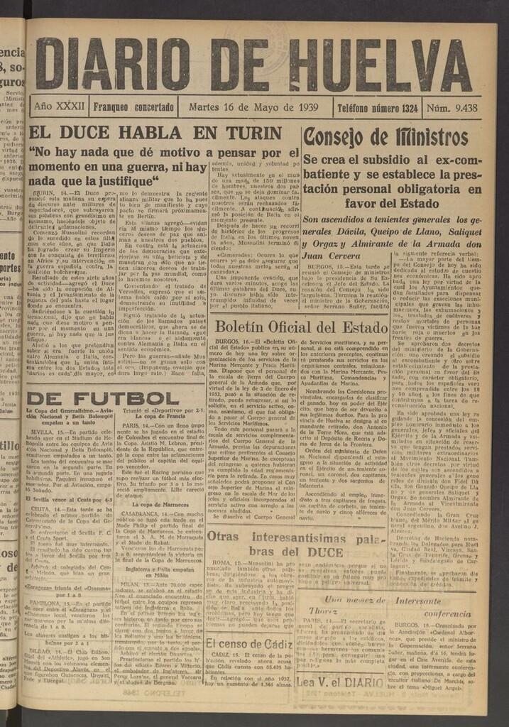 Miniatura de Diario de Huelva : periódico independiente del 16 de mayo de 1939