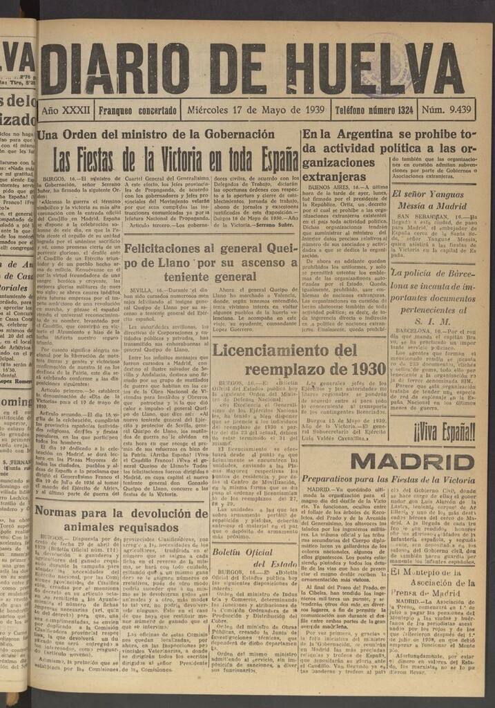 Miniatura de Diario de Huelva : periódico independiente del 17 de mayo de 1939