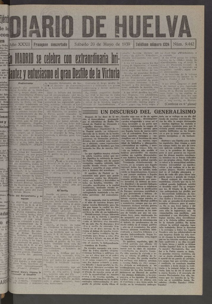 Miniatura de Diario de Huelva : periódico independiente del 20 de mayo de 1939