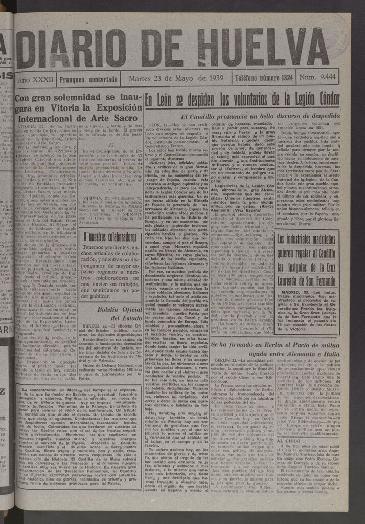 Miniatura de Diario de Huelva : periódico independiente del 23 de mayo de 1939