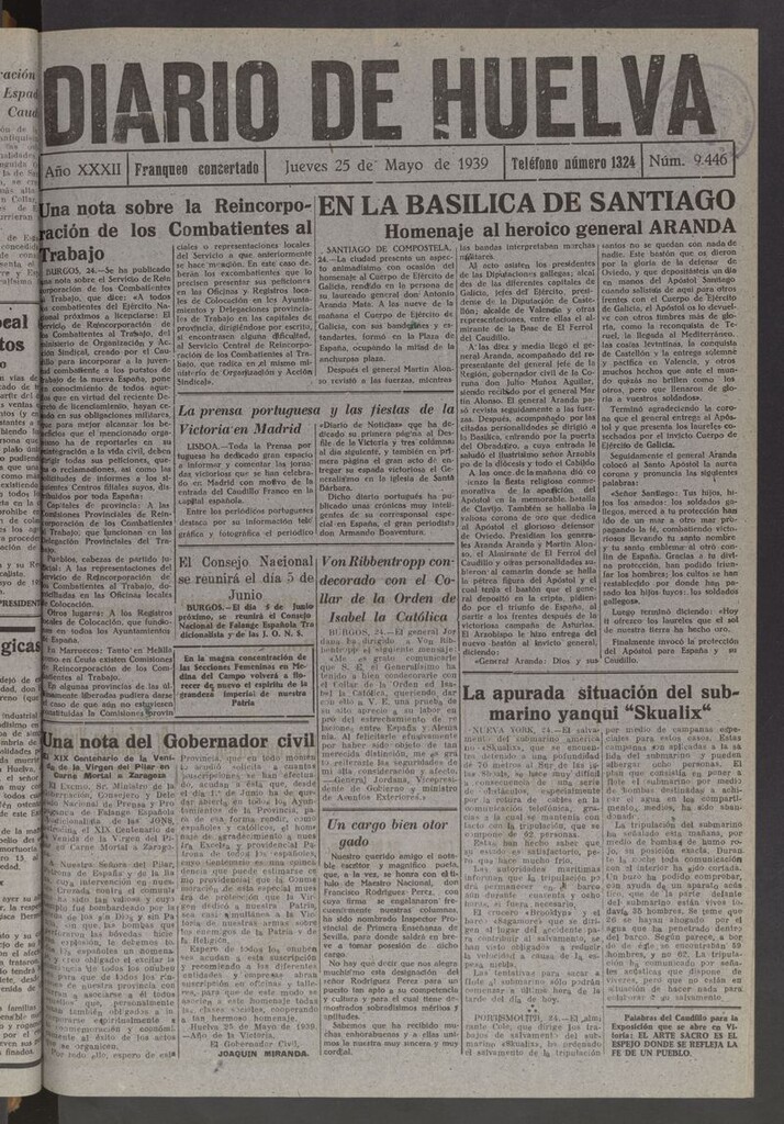 Miniatura de Diario de Huelva : periódico independiente del 25 de mayo de 1939