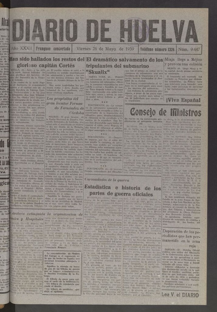 Miniatura de Diario de Huelva : periódico independiente del 26 de mayo de 1939