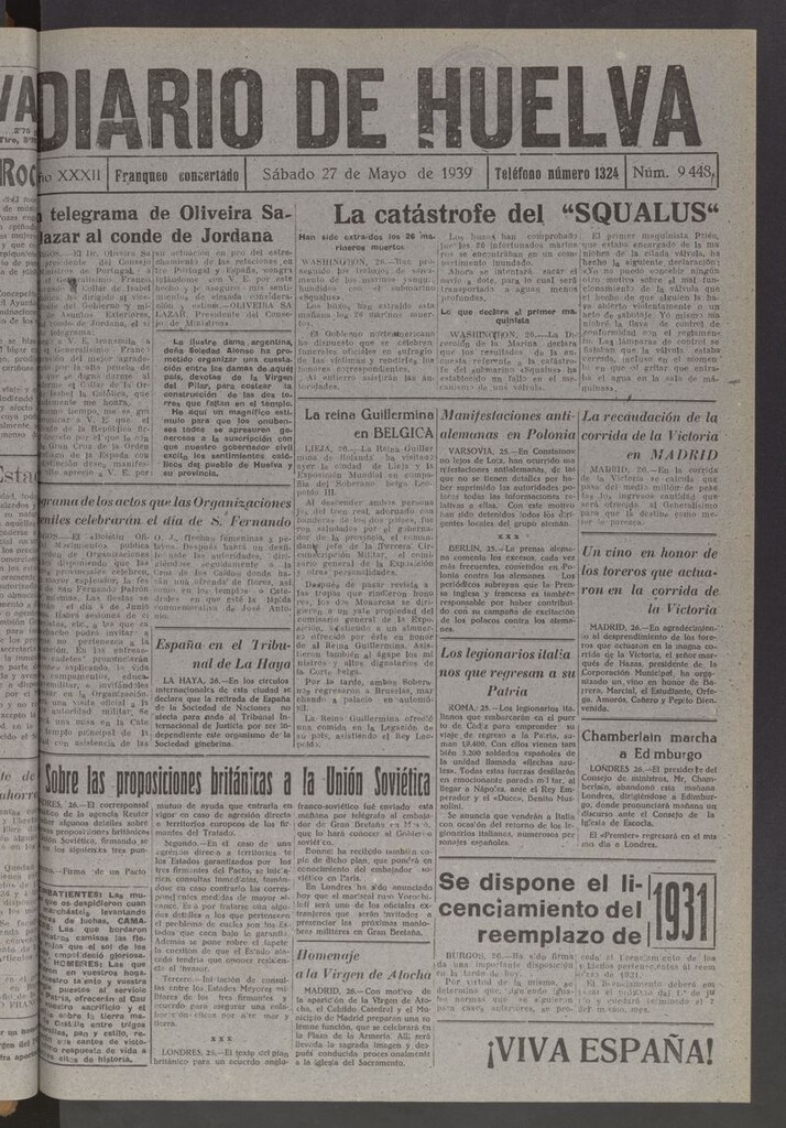 Miniatura de Diario de Huelva : periódico independiente del 27 de mayo de 1939