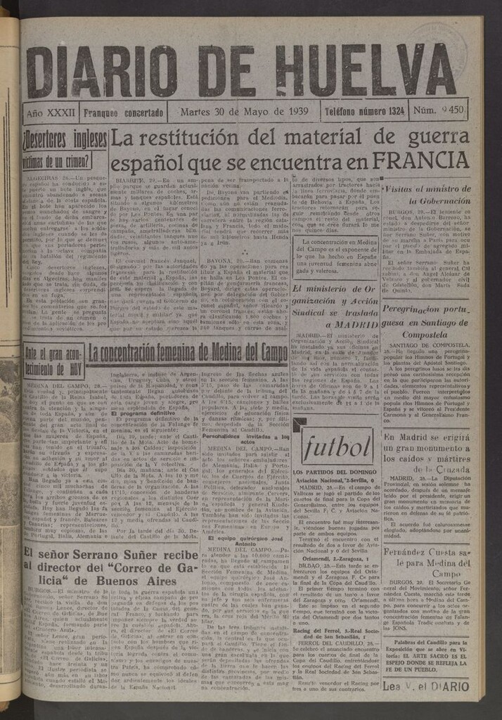 Miniatura de Diario de Huelva : periódico independiente del 30 de mayo de 1939