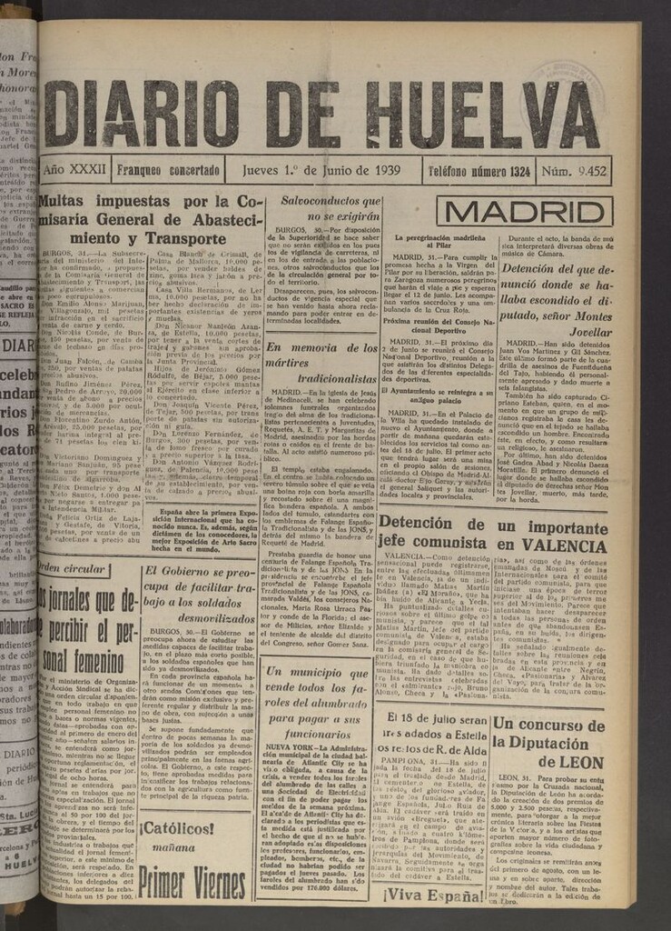 Miniatura de Diario de Huelva : periódico independiente del 1 de junio de 1939