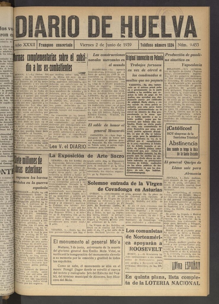 Miniatura de Diario de Huelva : periódico independiente del 2 de junio de 1939