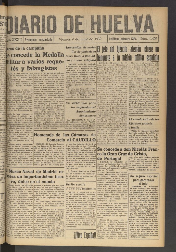 Miniatura de Diario de Huelva : periódico independiente del 9 de junio de 1939