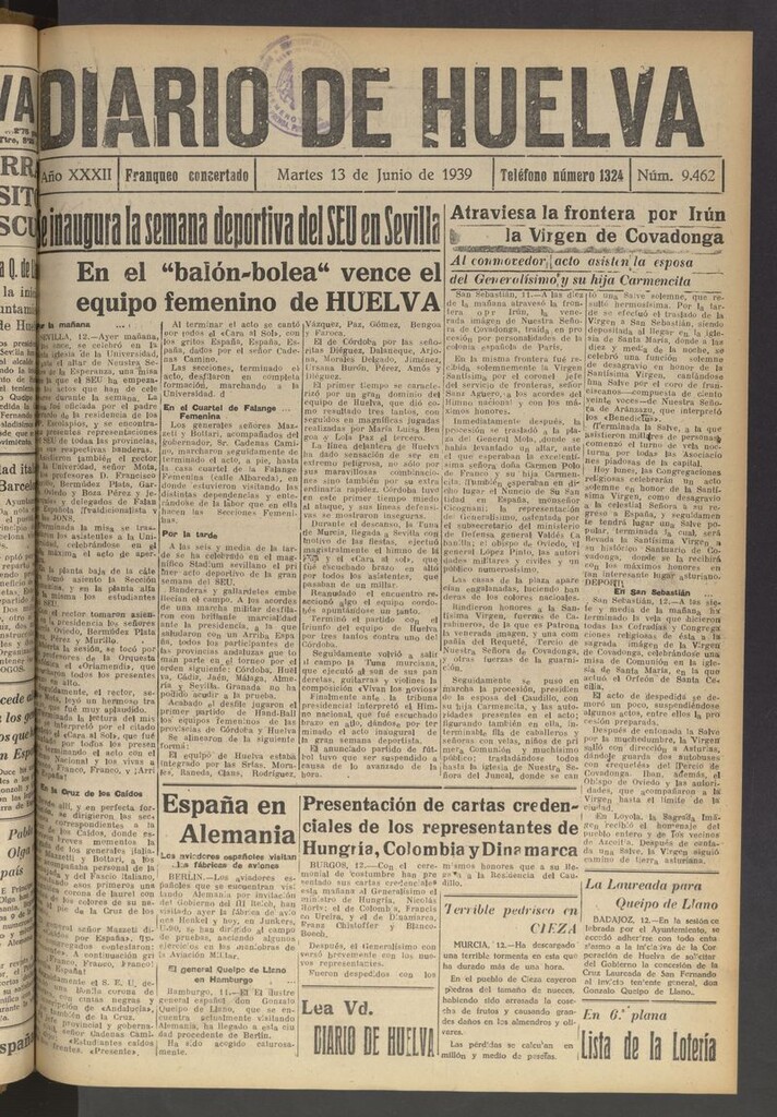 Miniatura de Diario de Huelva : periódico independiente del 13 de junio de 1939