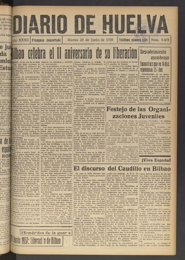 Miniatura de Diario de Huelva : periódico independiente del 20 de junio de 1939