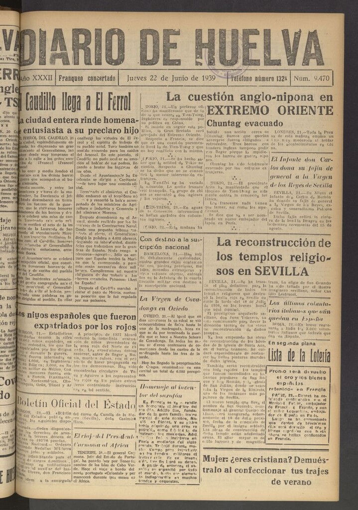 Miniatura de Diario de Huelva : periódico independiente del 22 de junio de 1939
