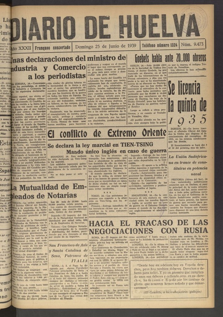 Miniatura de Diario de Huelva : periódico independiente del 25 de junio de 1939