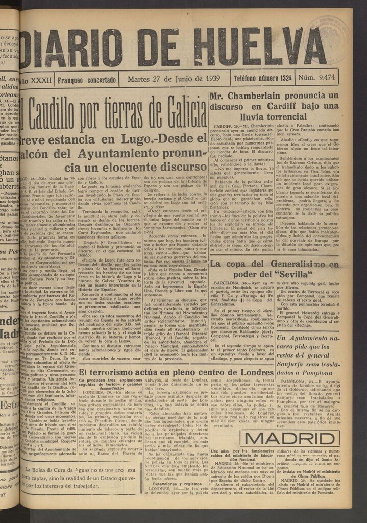 Miniatura de Diario de Huelva : periódico independiente del 27 de junio de 1939