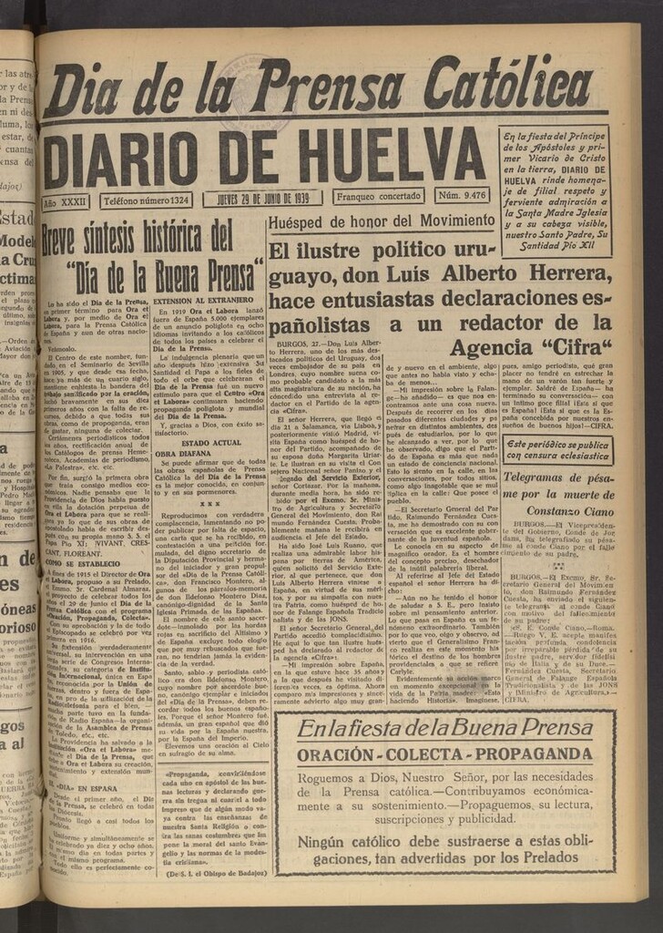 Miniatura de Diario de Huelva : periódico independiente del 29 de junio de 1939