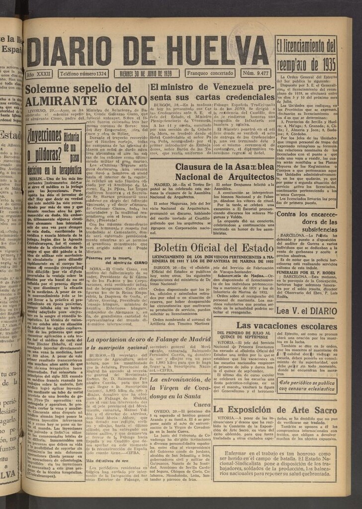 Miniatura de Diario de Huelva : periódico independiente del 30 de junio de 1939