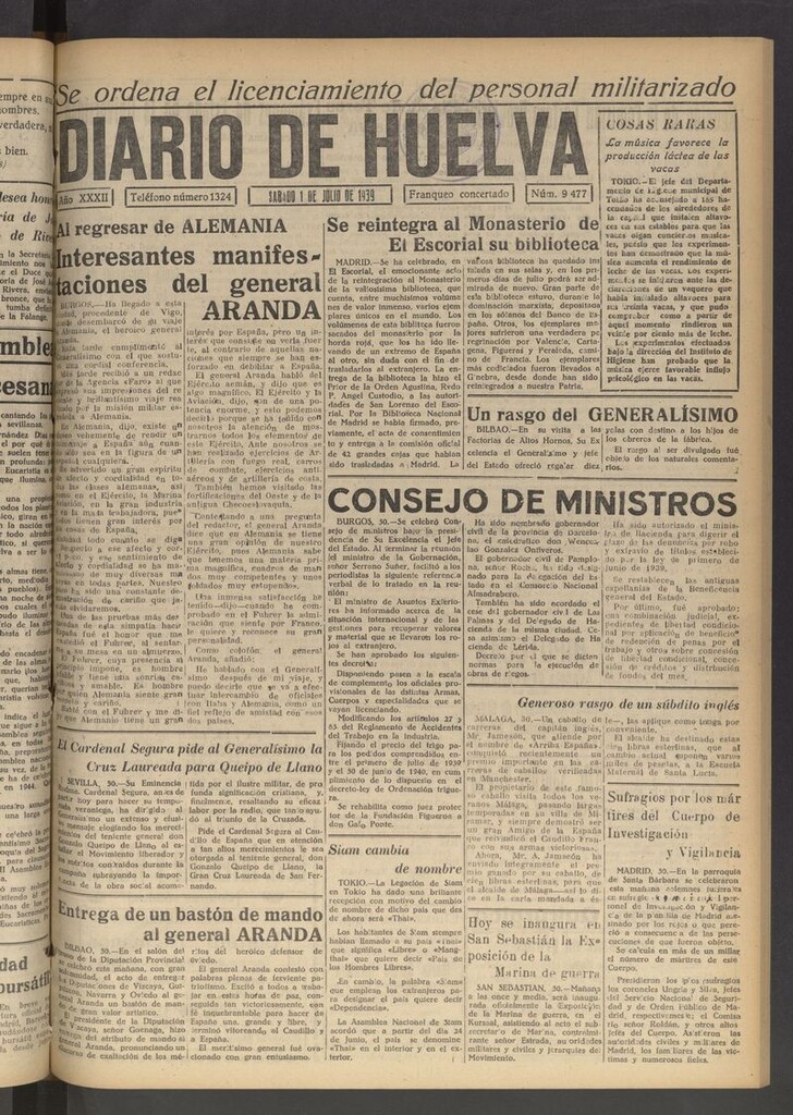 Miniatura de Diario de Huelva : periódico independiente del 1 de julio de 1939