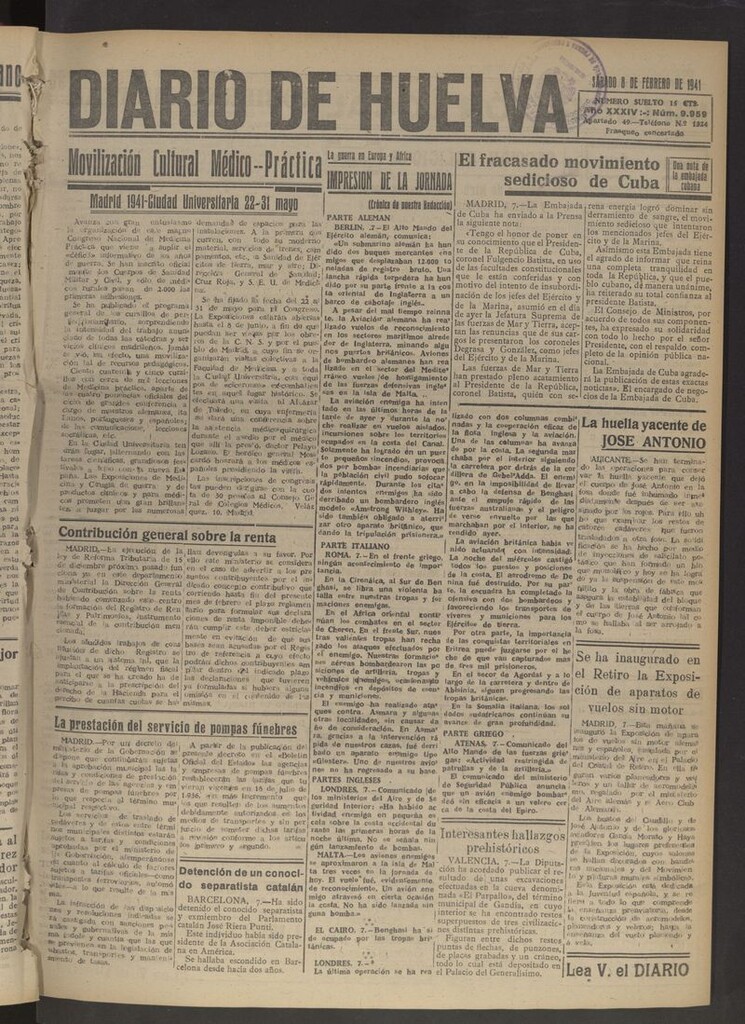 Miniatura de Diario de Huelva : periódico independiente del 8 de febrero de 1941