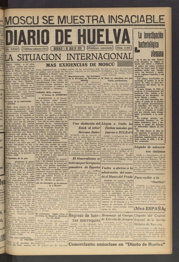 Miniatura de Diario de Huelva : periódico independiente del 5 de julio de 1939