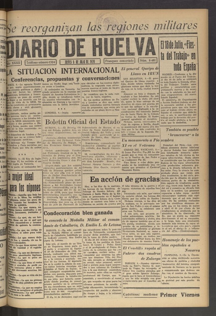 Miniatura de Diario de Huelva : periódico independiente del 6 de julio de 1939