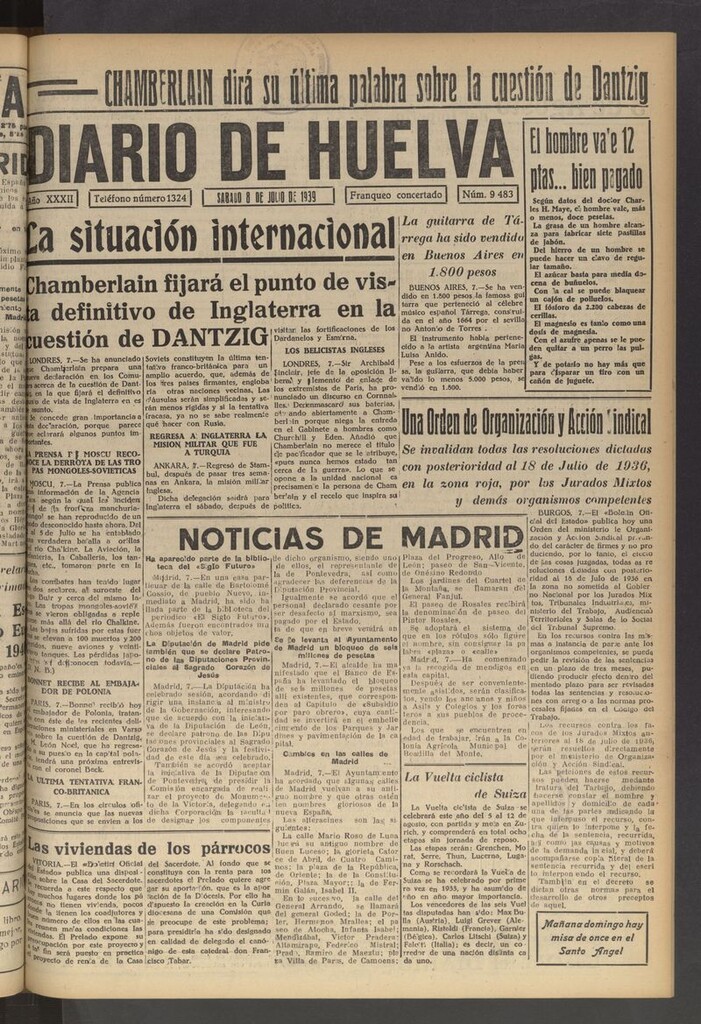 Miniatura de Diario de Huelva : periódico independiente del 8 de julio de 1939