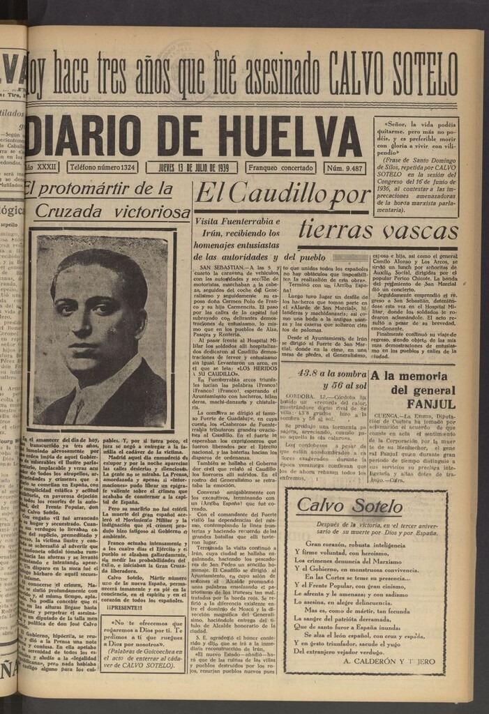 Miniatura de Diario de Huelva : periódico independiente del 13 de julio de 1939