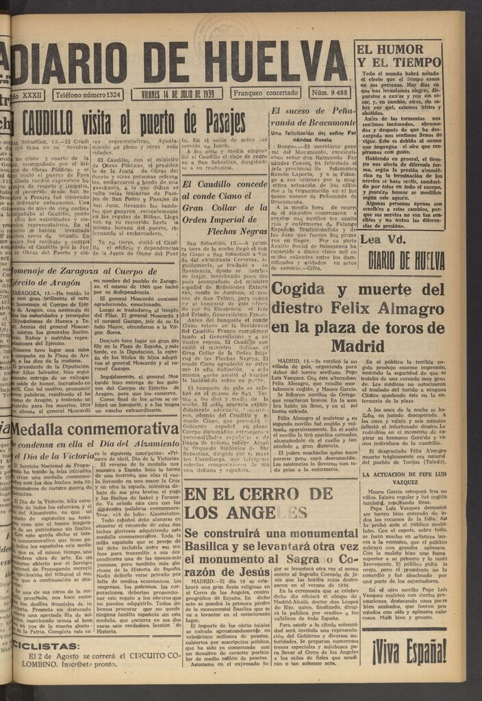 Miniatura de Diario de Huelva : periódico independiente del 14 de julio de 1939