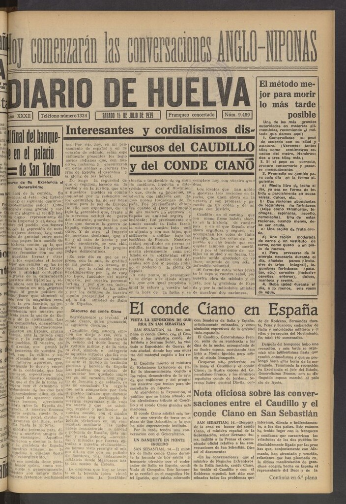 Miniatura de Diario de Huelva : periódico independiente del 15 de julio de 1939