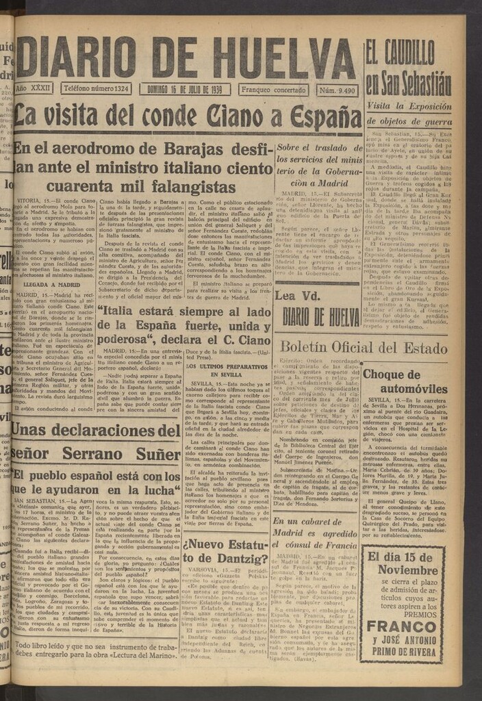 Miniatura de Diario de Huelva : periódico independiente del 16 de julio de 1939