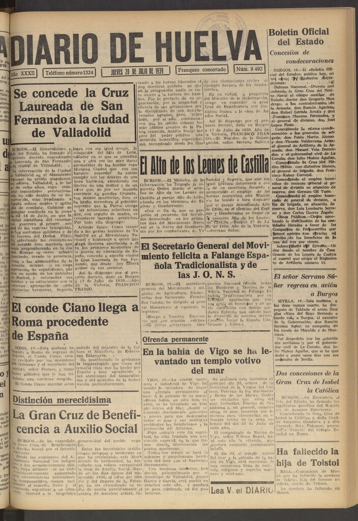 Miniatura de Diario de Huelva : periódico independiente del 20 de julio de 1939
