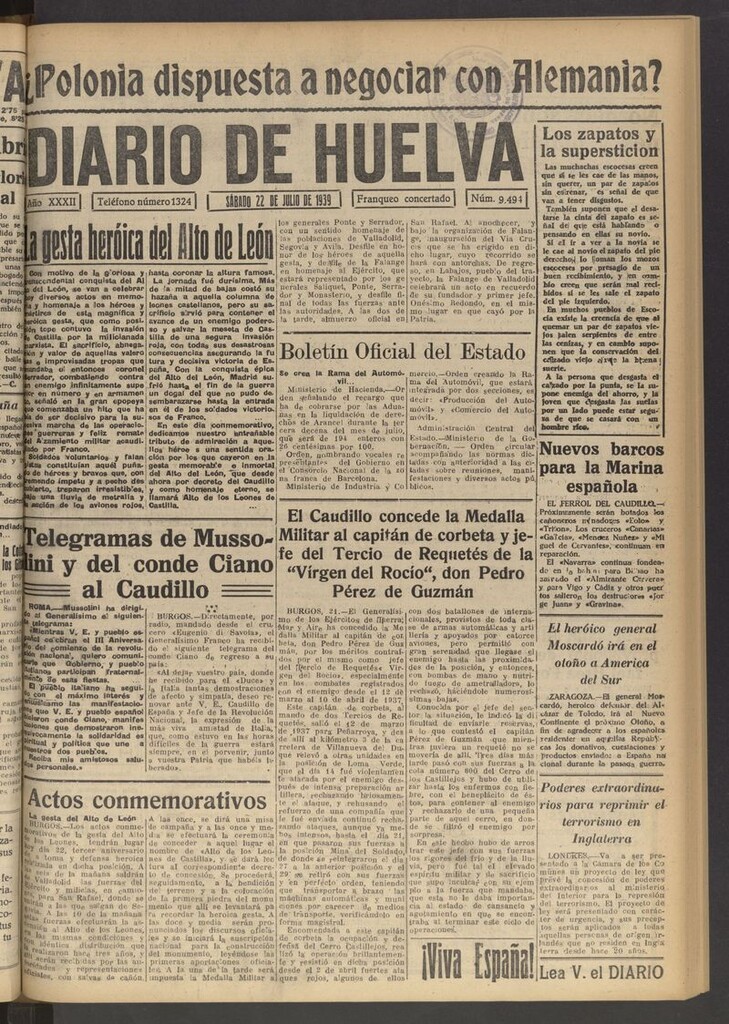 Miniatura de Diario de Huelva : periódico independiente del 22 de julio de 1939