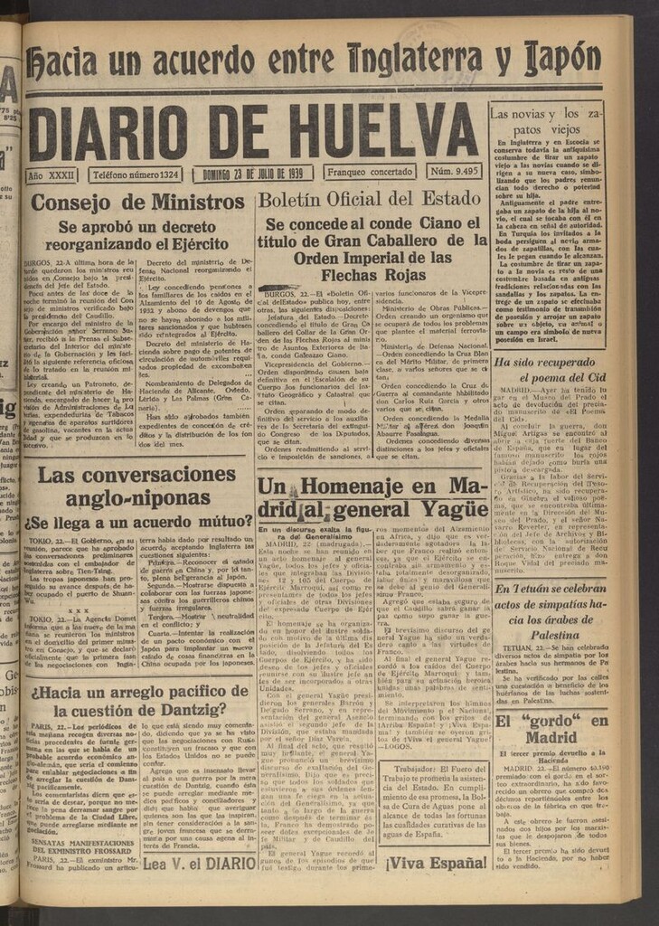 Miniatura de Diario de Huelva : periódico independiente del 23 de julio de 1939