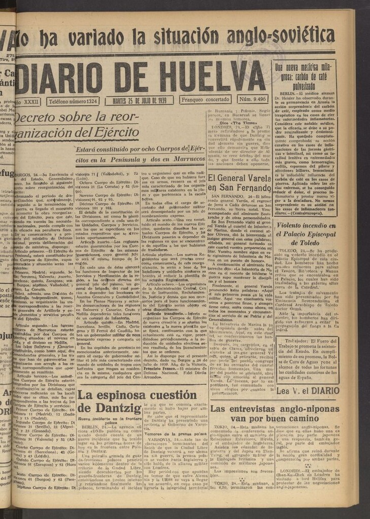 Miniatura de Diario de Huelva : periódico independiente del 25 de julio de 1939