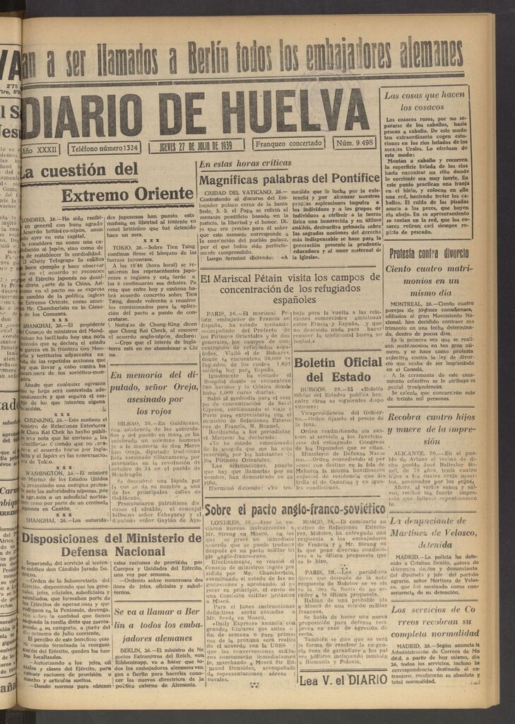 Miniatura de Diario de Huelva : periódico independiente del 27 de julio de 1939