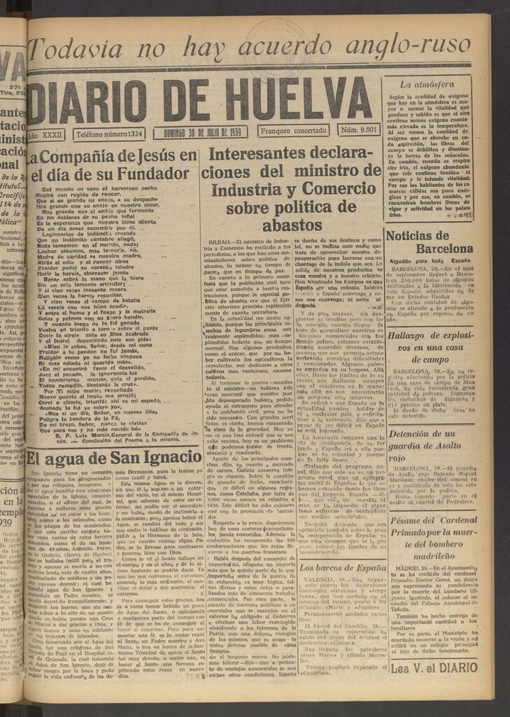Miniatura de Diario de Huelva : periódico independiente del 30 de julio de 1939