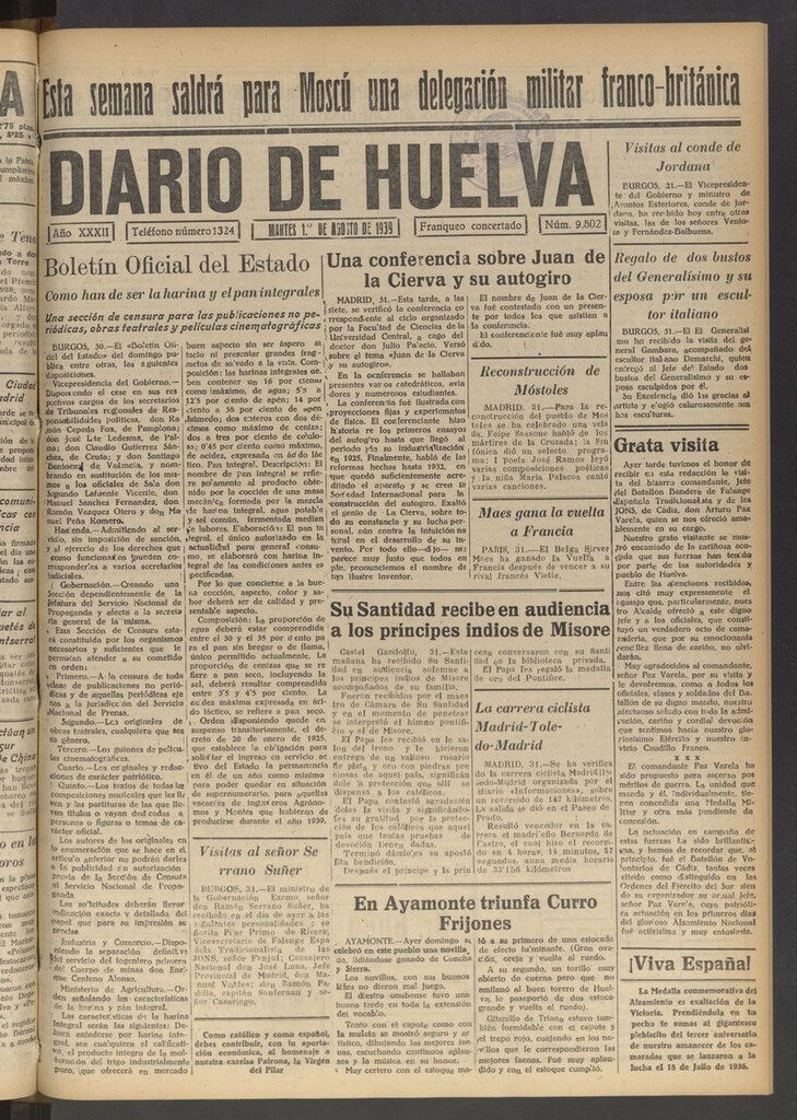 Miniatura de Diario de Huelva : periódico independiente del 1 de agosto de 1939